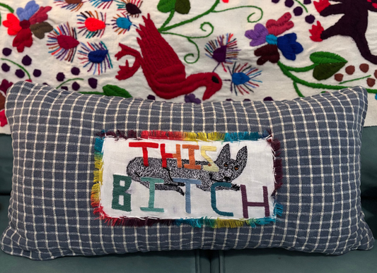 Custom Embroidered Pillow With Dog - Needlepoint Custom Pet Portrait of Black German Shepherd with the words “This B*+ch”