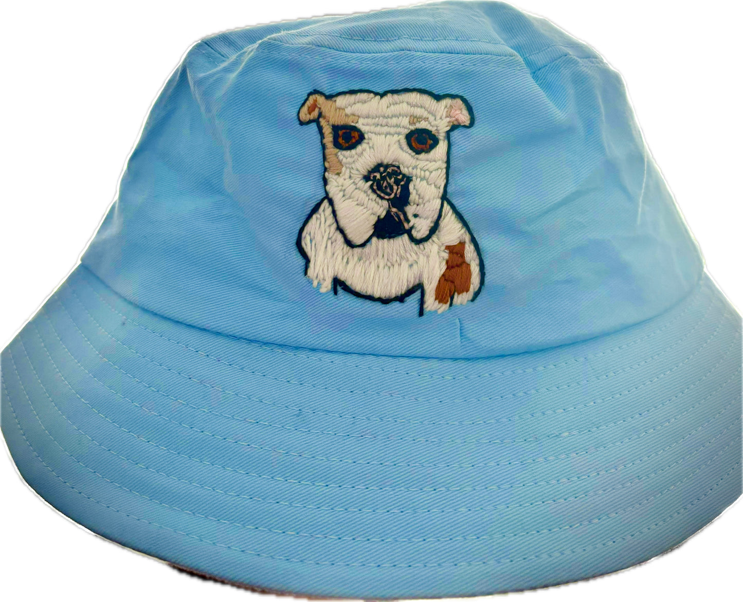 Custom Embroidered Blue Bucket Hat With Brown and White Pitbull Dog Custom Pet Portrait