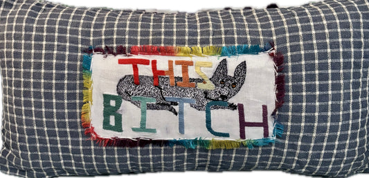 Custom Embroidered Pillow With Dog - Needlepoint Custom Pet Portrait Of Black German Shepherd with the words “This B*+ch” 